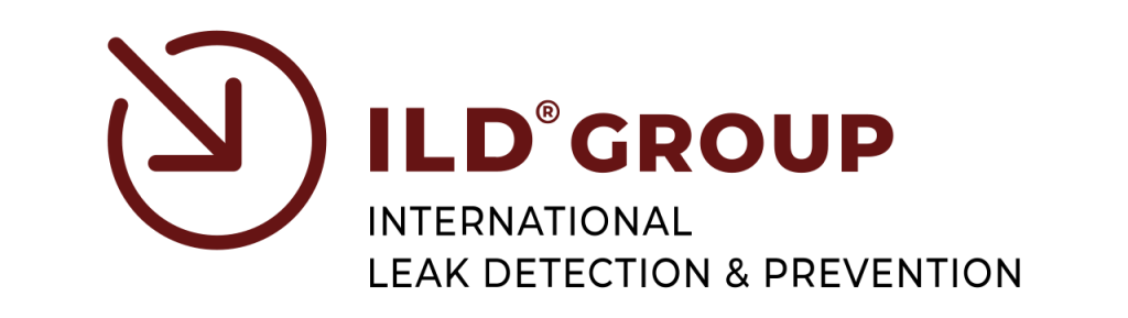 Logo der ILD Group, Kreis mit einem Pfeil von oben links zur Mitte und dem Text International Leak Detection & Prevention.